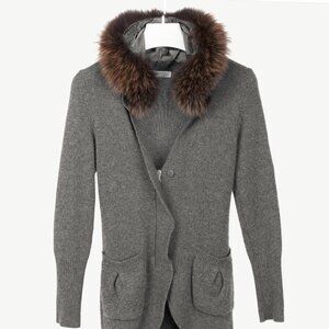 Brunello Cucinelli Grey Cashmere Fur-Trim-Hood Zip Cardigan